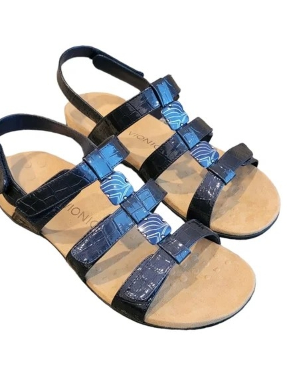 Vionic Amber Navy Blue Strappy Sandals with Light Blue Accents